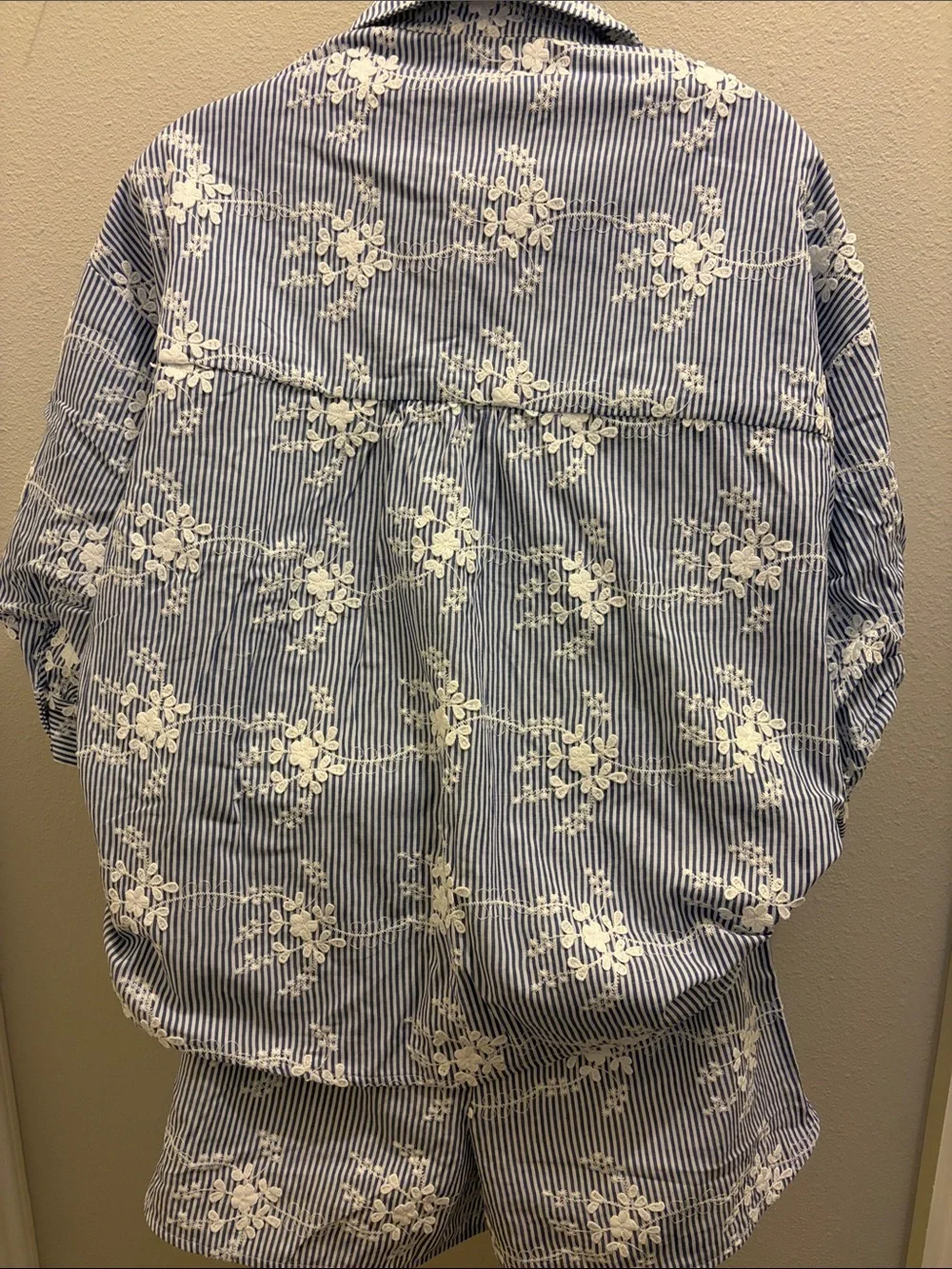 English Factory Blue and White Striped Floral Embroidered Set NWT Size Small